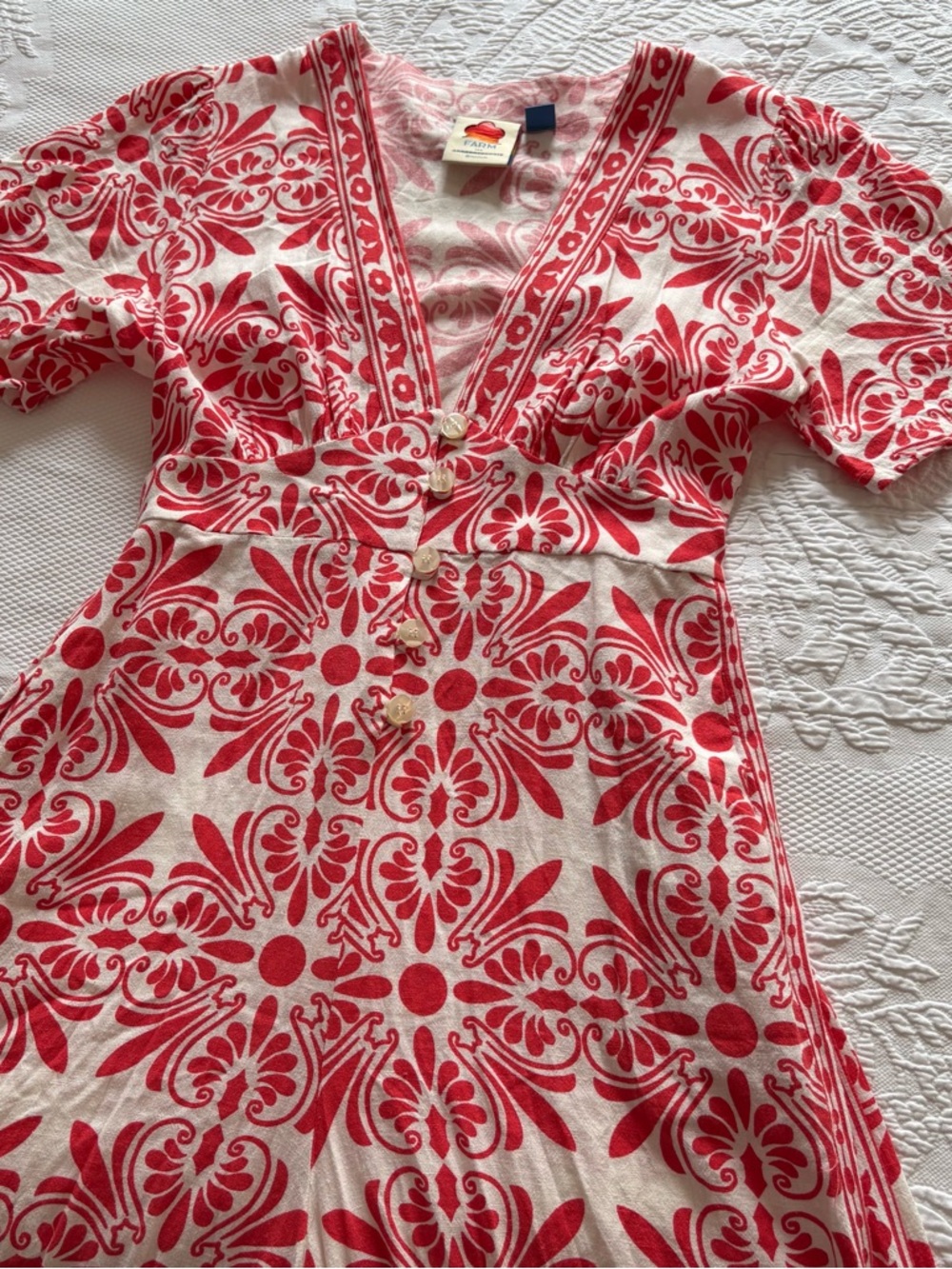 Farm Rio Carmina Linen Blend Button Front Jumpsuit red white size S